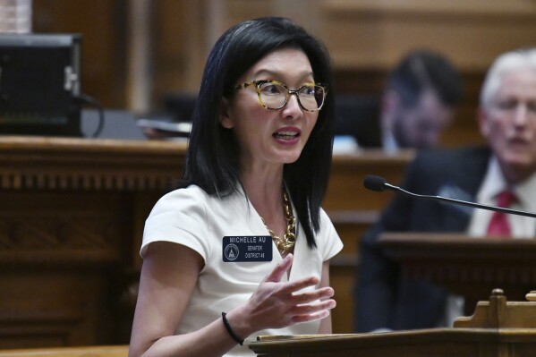 FILE - Georgia Sen. Michelle Au, D-Johns Creek, speaks in the Senate Chambers of the state Capitol, Nov. 19, 2021, in Atlanta. A bill that would ban any “agent” of China from buying farmland or land near military installations in Georgia passed the state House on Thursday, March 21, 2024. Au, a Democrat who is Chinese American, said she has been accused during her time in the General Assembly of being an “agent of the Chinese Community Party, a spy, a plant, un-American and a foreign asset.” (Hyosub Shin/Atlanta Journal-Constitution via AP, File)