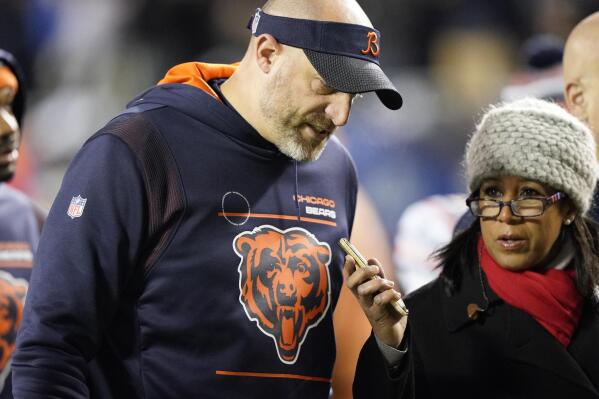 Chicago Bears head coach Matt Nagy is interviewed by ESPN's Lisa Salters at halftime of an NFL football game between the Bears and the Minnesota Vikings Monday, Dec. 20, 2021, in Chicago. (AP Photo/Nam Y. Huh)