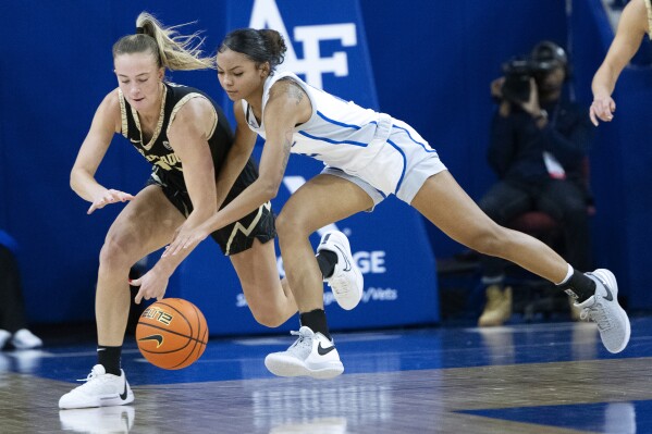 Colorado guard Kindyll Wetta, left, and Air Force guard Milahnie Perry battle for a loose ball during the first half of an NCAA college basketball game on Saturday, Dec. 2, 2023, in Clune Arena at Air Force Academy, Colo. (Christian Murdock/The Gazette via AP)