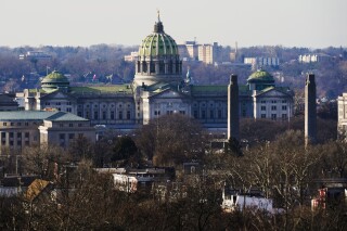 FILE - Vegetation stands in the foreground of the Pennsylvania Capitol on Dec. 16, 2021, in Harrisburg, Pa. Democrats in majority control of the Pennsylvania House of Representatives advanced several gun control measures Wednesday, Jan. 16, 2024, including an attempt to ban sales of automatic and semi-automatic guns after years of standstill in the politically divided state government. (AP Photo/Matt Rourke, File)
