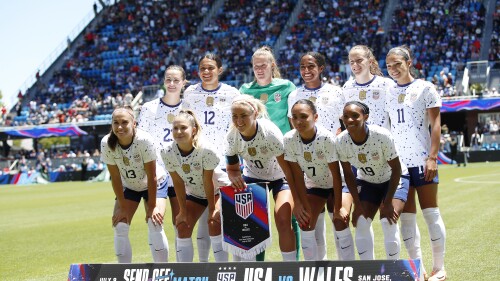 United States team poses for a team photo before a FIFA Women's World Cup send-off soccer match against Wales in San Jose, Calif., Sunday, July 9, 2023. (AP Photo/Josie Lepe)