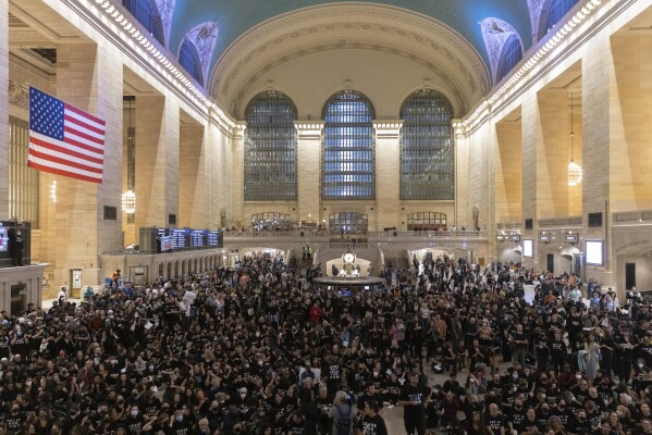 Protesters gather at Grand Central Terminal during a rally calling for a ceasefire between Israel and Hamas on Friday, Oct. 27, 2023, in New York. (AP Photo/Jeenah Moon)