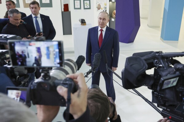 Russian President Vladimir Putin speaks to journalists after his phone talks with U.S. President Donald Trump at the Sirius Park of Science and Art outside Sochi, Russia, on Monday, May 19, 2025. (Vyacheslav Prokofyev, Sputnik, Kremlin Pool Photo via AP)