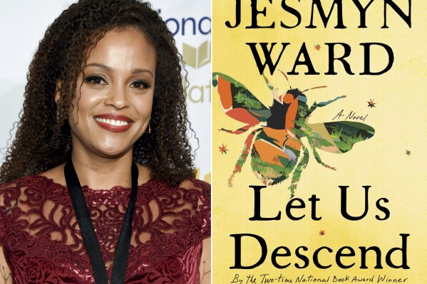 This combination of photos shows author Jesmyn Ward at the 68th National Book Awards Ceremony and Benefit Dinner in New York on Nov. 15, 2017, left, and cover art for Ward's novel "Let Us Descend." Ward's slave narrative “Let Us Descend” is among the finalists for the Andrew Carnegie Medals for Excellence. (AP Photo, left, and Scribner via AP)