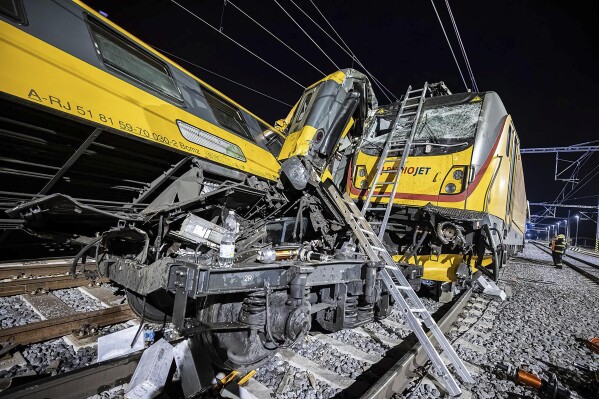 This photo released by Fire Department of Pardubice region shows a collided train in Pardubice, Czech Republic Thursday, June 6, 2024. A passenger train collided head-on with a freight train in the Czech Republic, killing and injuring some people, officials said early Thursday. (Fire Department of Pardubice region via AP)