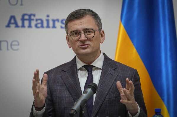 FILE - Ukraine's Foreign Minister Dmytro Kuleba, attends a joint news conference with Moldova's Foreign Minister Mihai Popsoi in Kyiv, Ukraine, Wednesday, March. 13, 2024. Kuleba arrived in New Delhi on Thursday, March 28, 2024, for a two-day visit to boost bilateral ties and cooperation with India, which considers Russia a time-tested ally from the Cold War-era.(AP Photo/Efrem Lukatsky, File)