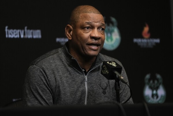 Doc Rivers speaks after being introduced as the Milwaukee Bucks head coach at a news conference Saturday, Jan. 27, 2024, in Milwaukee. (AP Photo/Morry Gash)