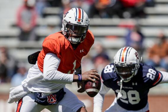 FILE - Auburn quarterback T.J. Finley (1) scrambles for yardage during the A-Day NCAA college spring football game at Jordan-Hare Stadium, on April 9, 2022, in Auburn, Ala. Finley has been charged with attempting to elude a police officer, according to Auburn police, Thursday, Aug. 4, 2022. He was released on $1,000 bond for the misdemeanor. Auburn coach Bryan Harsin said Finley will practice with the team when preseason camp opens Friday.  (AP Photo/Butch Dill, File)