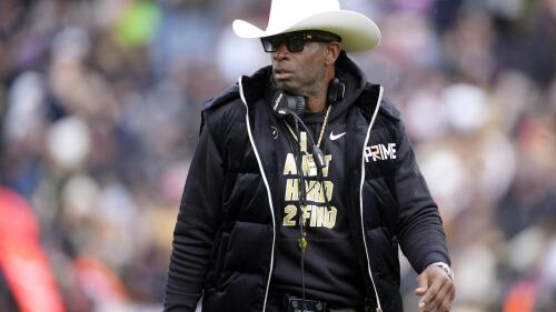 FILE - Colorado head coach Deion Sanders looks on in the first half of the team's spring practice NCAA college football game Saturday, April 22, 2023, in Boulder, Colo. Scouting and recruiting players in the NCAA transfer portal has become a vital part of building a college football program. Sanders’ team has added 20 transfers since the portal window opened April 15. (AP Photo/David Zalubowski, File)