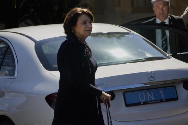 U.N. Under-Secretary-General for Political and Peacebuilding Affairs Rosemary DiCarlo arrives at the presidential palace for a meeting with Cyprus' President Nikos Christodoulides, in divided capital Nicosia, Cyprus, Wednesday, March 15, 2023. DiCarlo said the U.N. remains committed to helping rival Greek Cypriots and Turkish Cypriots reach an agreement remedying the island nation's ethnic cleave that has been the source of instability in the east Mediterranean for decades. (AP Photo/Petros Karadjias)
