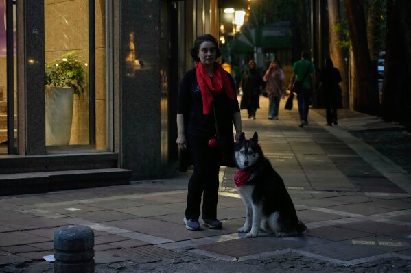 A woman stands with her dog, Lucifer, on a sidewalk in northern Tehran, Iran, Monday, June 2, 2025. (AP Photo/Vahid Salemi)