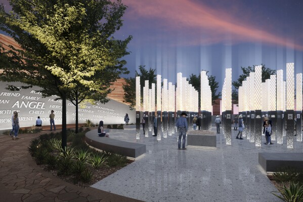 FILE - This rendering provided by Clark County, Nev., on June 2, 2023, shows one of five potential designs for a permanent memorial to be built on the Las Vegas Strip in honor of the victims, survivors and first responders of the Oct. 1, 2017, mass shooting that left 60 dead and hundreds more injured at a country music festival in Las Vegas. The rampage was the deadliest mass shooting in modern America. On Tuesday, Sept. 5, a final design featuring 58 candle-like beams for a permanent memorial to the victims, survivors and first responders of modern America's deadliest mass shooting was approved by county officials in Las Vegas. (Courtesy of Clark County via AP, File)