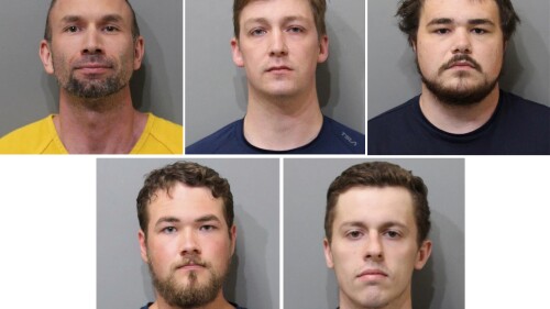 FILE - This combination of images provided by the Kootenai County Sheriff's Office shows, from top row from left James Michael Johnson, Forrest Rankin, Robert Whitted. Bottom row from left, Devin Center, Derek Smith. A northern Idaho jury on Thursday, July 20, 2023, found these five members of the white nationalist hate group Patriot Front guilty of misdemeanor charges of conspiracy to riot at a Pride event. (Kootenai County Sheriff's Office, via AP, File)