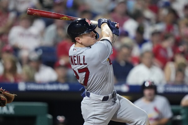 FILE - St. Louis Cardinals' Tyler O'Neill plays during a baseball game, Friday, Aug. 25, 2023, in Philadelphia. The Boston Red Sox acquired O’Neill from the Cardinals on Friday, Dec. 8. ,2023, bringing in a two-time Gold Glove winner to replace the departing Alex Verdugo. (AP Photo/Matt Slocum File)