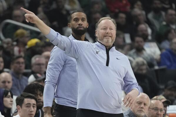 Milwaukee Bucks head coach Mike Budenholzer reacts during the first half of an NBA basketball game Thursday, Feb. 2, 2023, in Milwaukee. (AP Photo/Morry Gash)