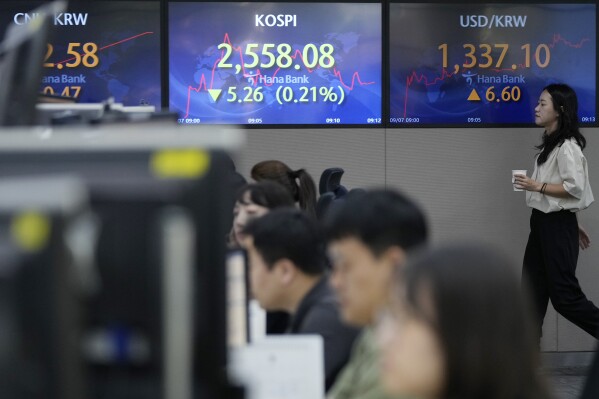A currency trader passes by the screens showing the Korea Composite Stock Price Index (KOSPI), center, and the foreign exchange rate between U.S. dollar and South Korean won, right, at the foreign exchange dealing room of the KEB Hana Bank headquarters in Seoul, South Korea, Thursday, Sept. 7, 2023. Shares fell in Asia on Thursday after a decline on Wall Street, where strong economic data revived worries that the Federal Reserve might keep interest rates high for longer than hoped. (AP Photo/Ahn Young-joon)