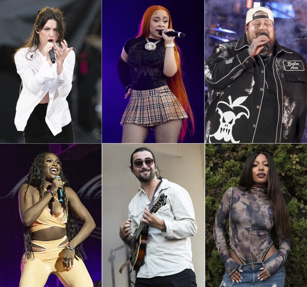 This combination of photos shows 6 of the seven Grammy nominees for best new artist, top row from left, Gracie Abrams, Ice Spice, Jelly Roll, bottom row from left, Coco Jones, Noah Kahan and Victoria Monet. (AP Photo)