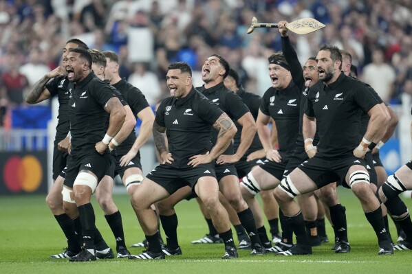 New Zealand perform the Haka before the Rugby World Cup Pool A match between France and New Zealand at the Stade de France in Saint-Denis, north of Paris, Friday, Sept. 8, 2023. (AP Photo/Christophe Ena)