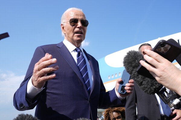 President Joe Biden speaks to the media as he arrives to board Air Force One at Andrews Air Force Base, Md., Monday, July 15, 2024, as he heads to Las Vegas. (AP Photo/Susan Walsh)