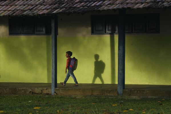 An Indigenous Tembe boy arrives for school in the Tenetehar Wa Tembe village, located in the Alto Rio Guama Indigenous territory of the Paragominas municipality in the Para state of Brazil, Tuesday, May 30, 2023. (AP Photo/Eraldo Peres)