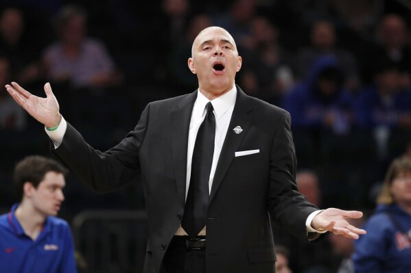 DePaul coach Dave Leitao reacts to a call against the team during the second half of an NCAA college basketball game against Xavier in the first round of the Big East men's tournament Wednesday, March 11, 2020, in New York .DePaul won 71–67. (AP Photo/Kathy Willens)
