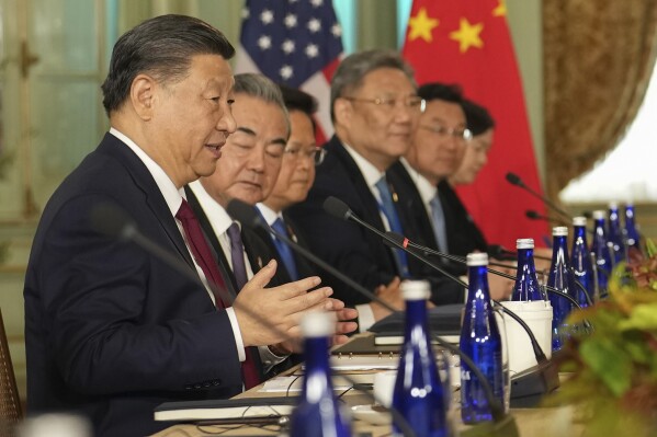 China's President President Xi Jinping speaks during a meeting with President Joe Biden at the Filoli Estate in Woodside, Calif., Wednesday, Nov, 15, 2023, on the sidelines of the Asia-Pacific Economic Cooperative conference. (Doug Mills/The New York Times via AP, Pool)