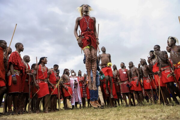 Maasai morans (warriors) perform traditional jumping as Kenya's Maasai community held an inaugural Maasai Cultural Festival, on the outskirts of Maasai Mara National Reserve, Kenya's Rift Valley on Saturday, June 10, 2023. (AP Photo)