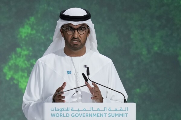 FILE - Sultan al-Jaber, the CEO of Abu Dhabi National Oil Co., talks during the World Government Summit in Dubai, United Arab Emirates, Feb 14, 2023. (AP Photo/Kamran Jebreili, File)