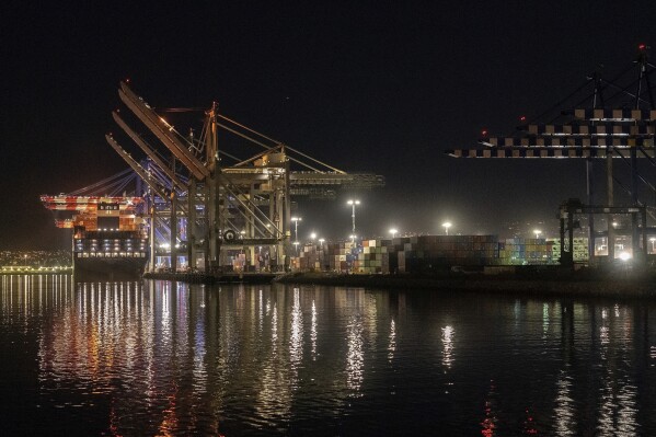 FILE - A ship is docked at the Port of Los Angeles on Nov. 21, 2022. Maritime nations agreed Friday, July 7, 2023, to slash emissions from the shipping industry to net zero by about 2050 in a deal that many experts and some nations say falls well short of what's needed to curb warming to agreed temperature limits. (AP Photo/Damian Dovarganes, File)