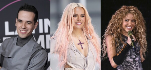 This combination of photos shows producer and songwriter Édgar Barrera, performer Karol G, center, and Shakira, who have been nominated for the most 2023 Latin Grammy nominations. Barrera received 13, and Karol G and Shakira received 7 each. (AP Photo)