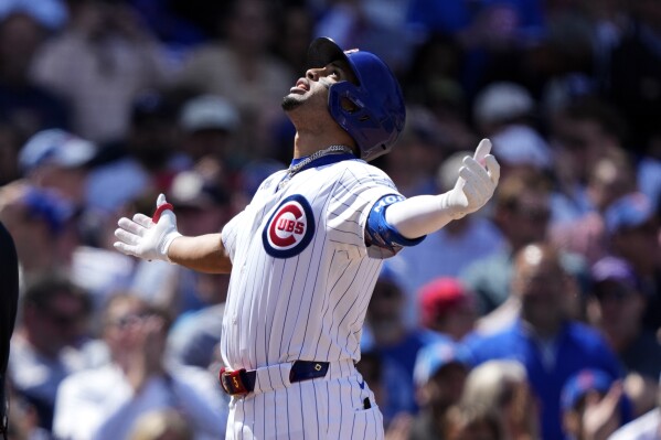 Chicago Cubs' Christopher Morel celebrates his home run off Milwaukee Brewers starting pitcher Joe Ross during the sixth inning of a baseball game Friday, May 3, 2024, in Chicago. (AP Photo/Charles Rex Arbogast)