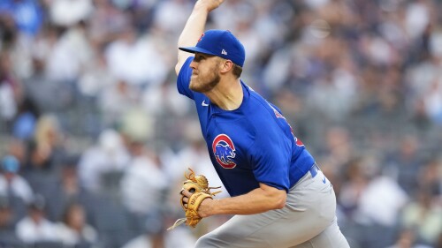 Chicago Cubs' Jameson Taillon pitches during the first inning of a baseball game against the New York Yankees, Friday, July 7, 2023, in New York. (AP Photo/Frank Franklin II)