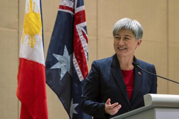 Australian Foreign Minister Penny Wong speaks beside Philippine Foreign Affairs Secretary Enrique Manalo during a joint press conference at a hotel in Makati City, Philippines on Thursday May 18, 2023. (Lisa Marie David/Pool Photo via AP)