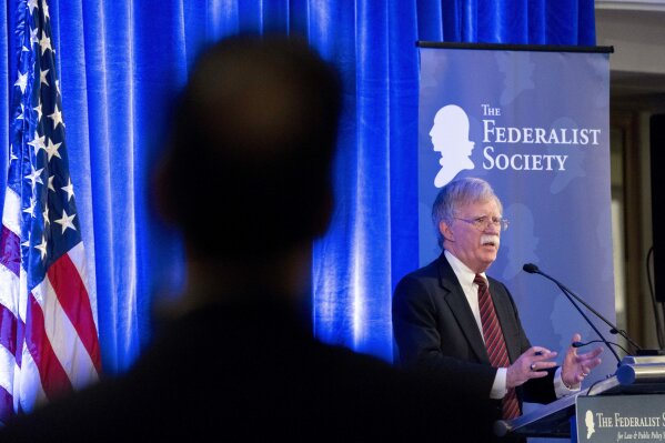 
              National Security Adviser John Bolton speaks at a Federalist Society luncheon at the Mayflower Hotel, Monday, Sept. 10, 2018, in Washington. (AP Photo/Andrew Harnik)
            