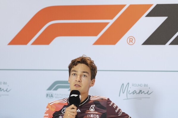 Mercedes driver George Russell, of Britain, participates in a drivers' press conference ahead of the Formula One Miami Grand Prix auto race, Thursday, May 1, 2025, in Miami Gardens, Fla. (AP Photo/Rebecca Blackwell)