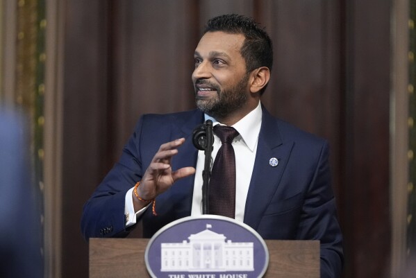 Kash Patel, President Donald Trump's new Director of the FBI, speaks during a swearing-in ceremony, Friday, Feb. 21, 2025, in the Indian Treaty Room at the Eisenhower Executive Office Building on the White House campus in Washington. (AP Photo/Mark Schiefelbein)