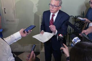 Ohio Gov. Mike DeWine discusses proposals to improve school safety in the state following this week's massacre of 19 children and two teachers in a Texas elementary school, on Friday, May 27, 2022, in Columbus, Ohio. The Republican governor's proposals include spending "a significant amount of money" on unspecified safety improvements to school buildings that need them, and dramatically increasing the number of school officials who work with schools on safety issues. (AP Photo/Andrew Welsh-Huggins)