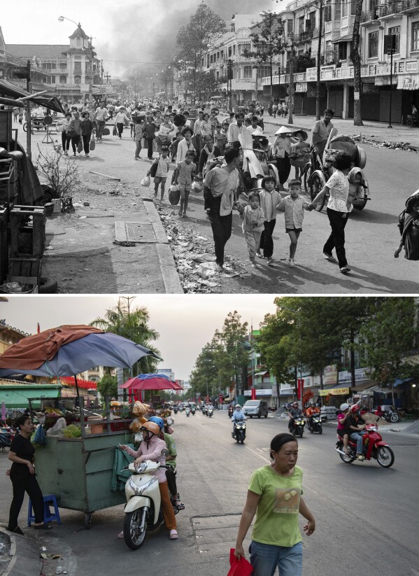 This combination of photos shows a towering cloud of smoke marking the area in Saigon's Oholon section on Feb. 12, 1968 where Allied troops and Viet Cong guerrillas are battling forcing thousands to flee, top, and the same location in Ho Chi Minh City, Vietnam, on April 18, 2025. (AP Photo/Thanh Hue)