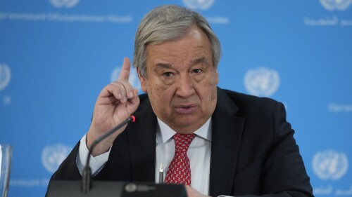 FILE - U.N secretary General Antonio Guterres addresses the media during a visit to the U.N. office in the capital Nairobi, Kenya Wednesday, May 3, 2023. Antonio Guterres says Sudan is on the brink of a “full-scale civil war,” as fierce clashes between rival generals continued unabated Sunday in the capital, Khartoum. (AP Photo/Khalil Senosi, File)