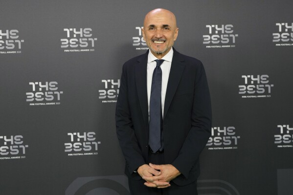 Former Napoli's and current Italy coach Luciano Spalletti arrives for the FIFA Football Awards 2023 at the Eventim Apollo in Hammersmith, London, Monday, Jan. 15, 2024. (AP Photo/Kirsty Wigglesworth)