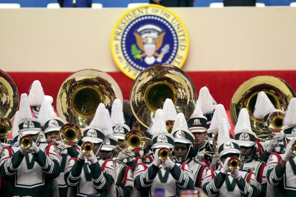 Members of the marching band from Mississippi Valley State University perform at an indoor Presidential Inauguration parade event in Washington, Monday, Jan. 20, 2025. (AP Photo/Matt Rourke)