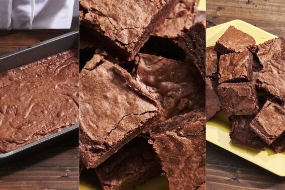 This combination of photos taken in New York in 2020 show a recipe for One-Pot Fudgy Brownies. (Cheyenne Cohen via AP)