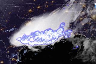 This satellite image provided by the National Oceanic and Atmospheric Administration shows a thunderstorm complex which was found to contain the longest single flash that covered a horizontal distance on record, at around 768 kilometers (477 miles) across parts of the southern United States on April 29, 2020. Two stormy parts of the Americas set records for longest lightning flashes back in 2020, the World Meteorological Organization said Monday, Jan. 31, 2022. (NOAA via AP)