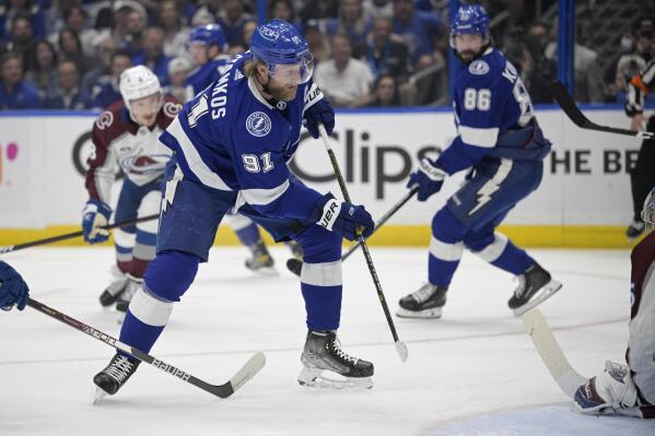 Tampa Bay Lightning center Steven Stamkos scores on Colorado Avalanche goaltender Darcy Kuemper during the first period of Game 6 of the NHL hockey Stanley Cup Finals on Sunday, June 26, 2022, in Tampa, Fla. (AP Photo/Phelan Ebenhack)