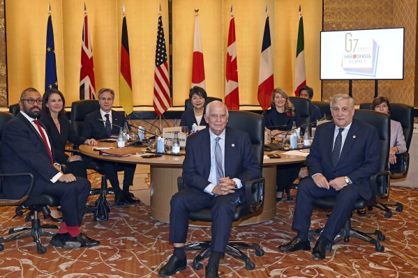 From left to right, British Foreign Minister James Cleverly, German Foreign Minister Annalena Baerbock, U.S. Secretary of State Antony Blinken, Japanese Foreign Minister Yoko Kamikawa, High Representative of the European Union for Foreign Affairs and Security Policy Josep Borrell, front, Canadian Foreign Minister Melanie Joly, Italian Foreign Minister Antonio Tajani, front, and French Foreign Minister Catherine Colonna pose for a photo at the beginning of the session 1 of the G7 Foreign Ministers' meeting at the Foreign Ministry's Iikura guesthouse in Tokyo Wednesday, Nov. 8, 2023. (Toshifumi Kitamura/Pool Photo via AP)