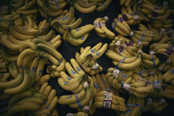 Bananas are displayed inside Walmart Supercenter on Wednesday, May 28, 2025, in North Bergen, N.J. (AP Photo/Andres Kudacki)