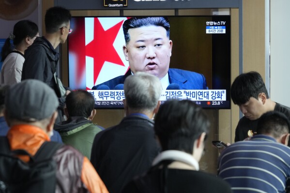 A TV screen shows an image of North Korean leader Kim Jong Un during a news program at the Seoul Railway Station in Seoul, South Korea, Thursday, Sept. 28, 2023. Kim called for an exponential increase in production of nuclear weapons and for his country to play a larger role in a coalition of nations confronting the United States in a "new Cold War," state media said Thursday. (AP Photo/Ahn Young-joon)