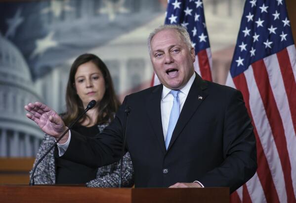 House Minority Whip Steve Scalise, R-La., joined at left by Republican Conference Chair Elise Stefanik, R-N.Y., speaks during a news conference at the Capitol in Washington, Tuesday, June 29, 2021. Scalise won't say whether his caucus will support or participate in a proposed select committee to investigate the Jan. 6 insurrection at the Capitol. (AP Photo/J. Scott Applewhite)