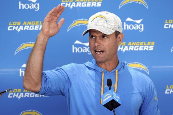 Los Angeles Chargers head coach Brandon Staley answers questions at the NFL football team's practice facility, Tuesday, June 14, 2022, in Costa Mesa, Calif. (AP Photo/Marcio Jose Sanchez)