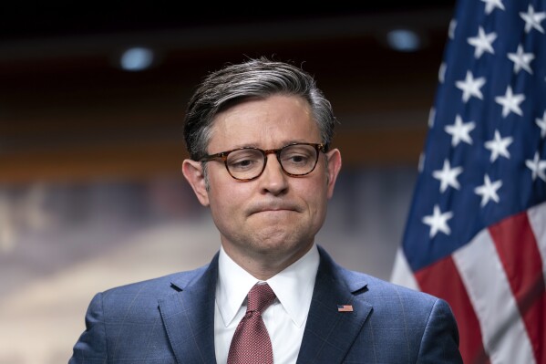 Speaker of the House Mike Johnson, R-La., pauses during a news conference at the Capitol in Washington, Wednesday, Jan. 10, 2024. House Republicans are off to a raucous start in their first week back in Washington after an extended holiday break. Some are openly criticizing new House Speaker Mike Johnson. Others helped sink a routine procedural vote to express their displeasure with topline spending levels that Johnson negotiated with Democrats for the current fiscal year.(AP Photo/J. Scott Applewhite)